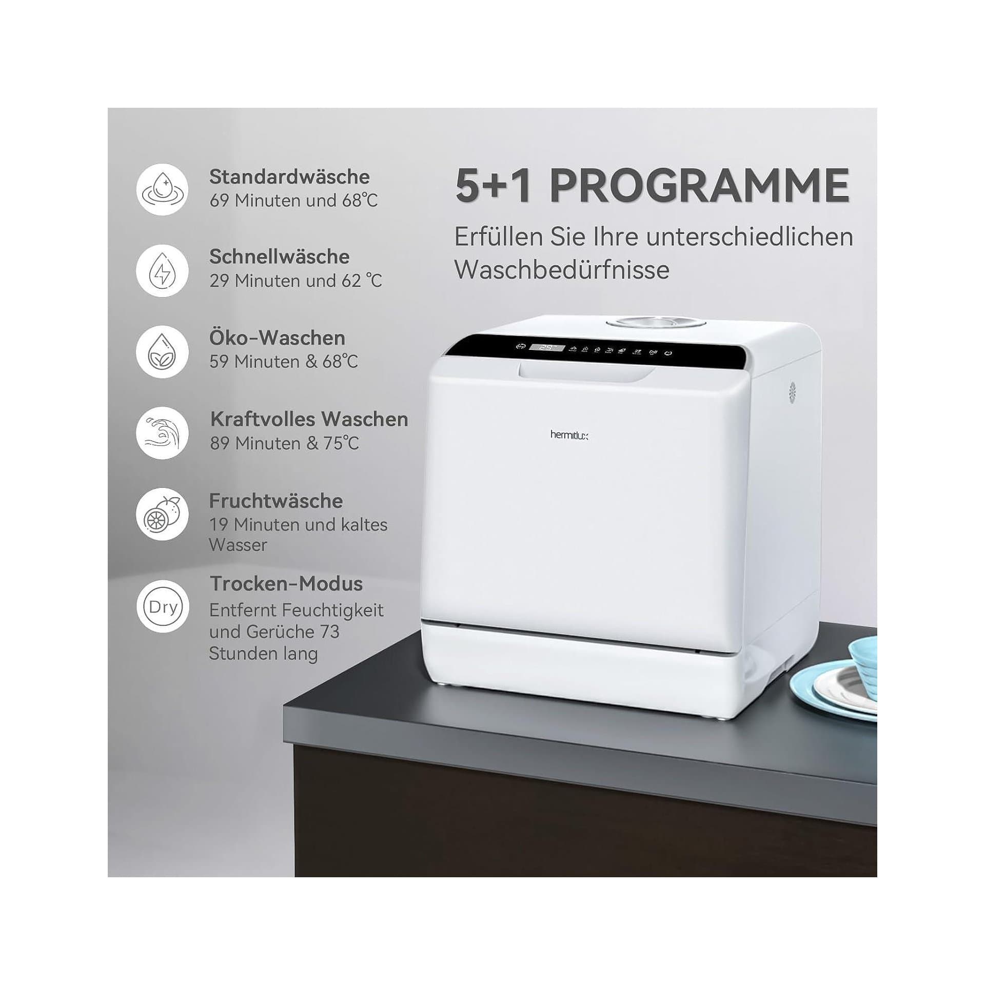 Мини съдомиялна машина - Hermitlux 43 cm 4 комплекта 175 kWh годишно 5