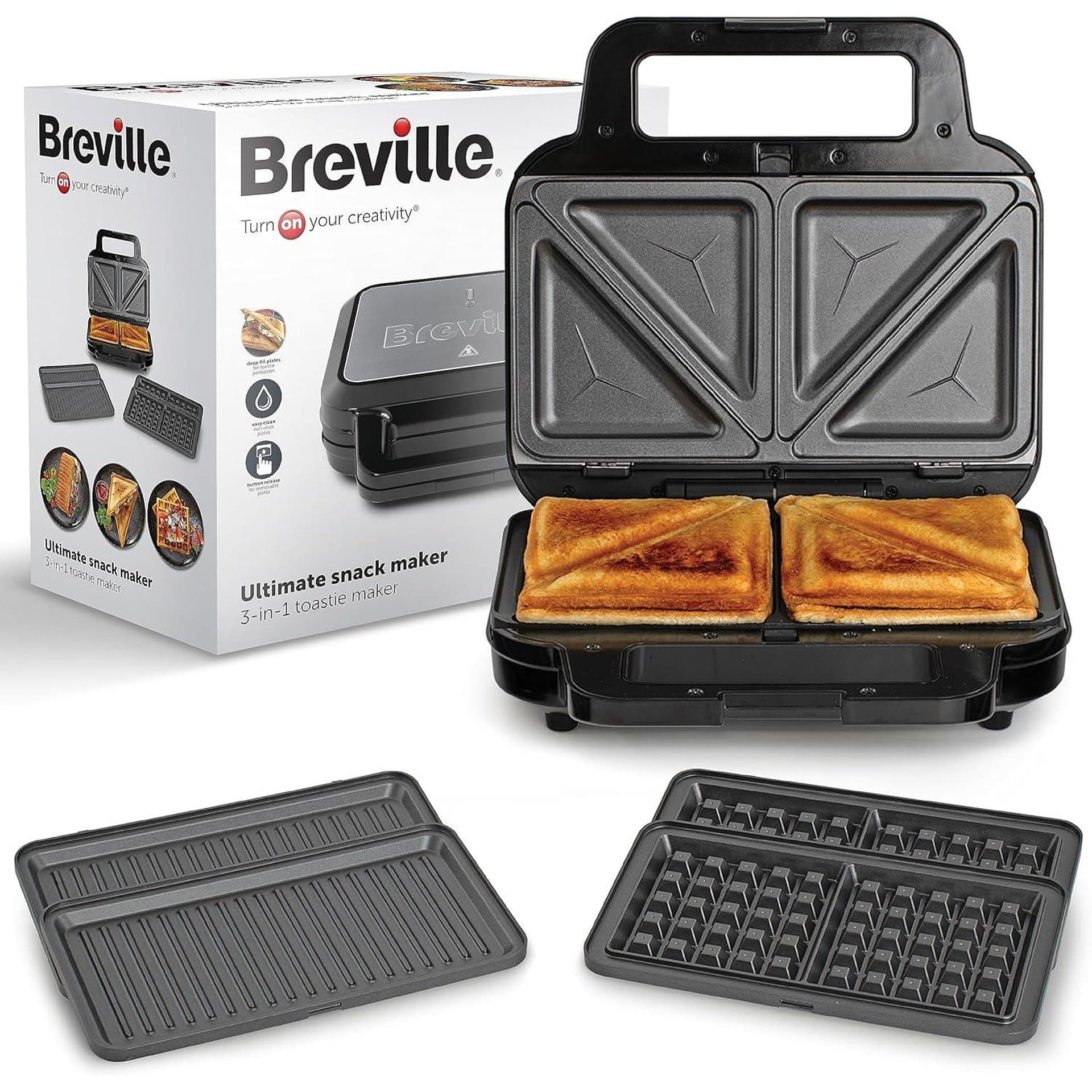 Тостер за сандвичи – Breville VST098X 3 в 1 Черен, 900W, сменяеми плочи за сандвичи, гофрети и грил сандвичи