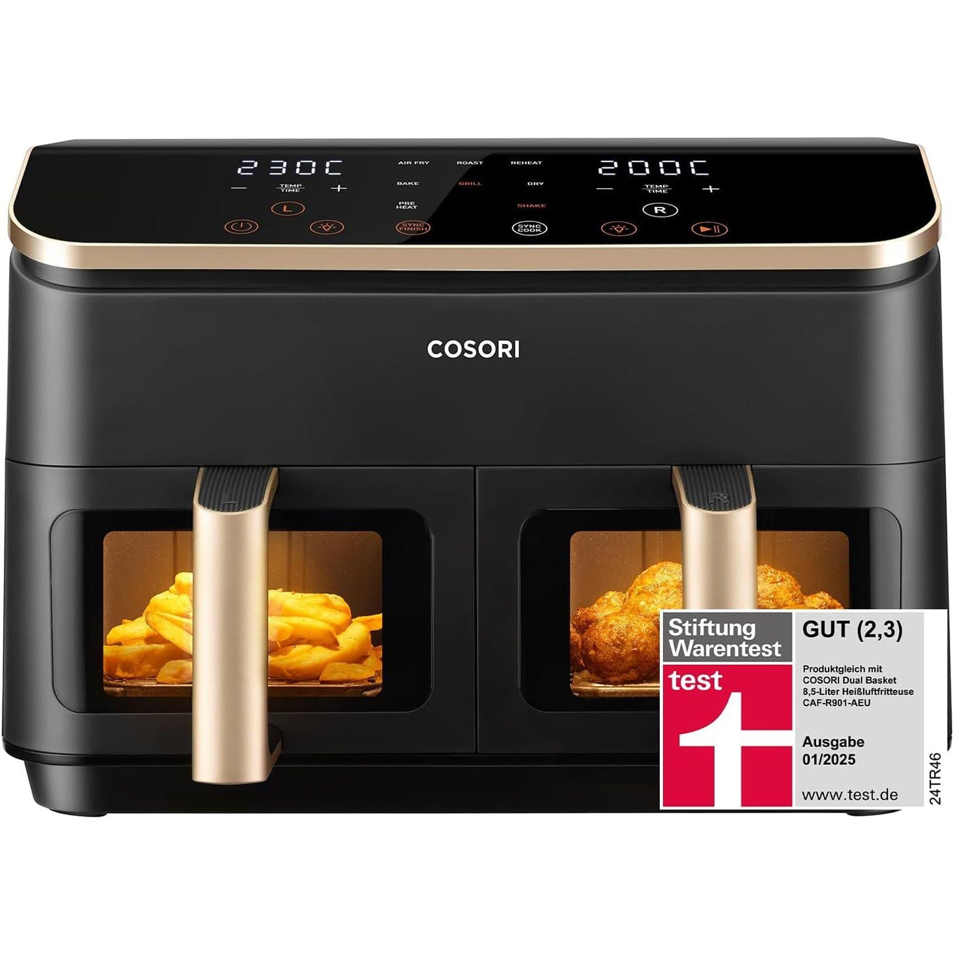 Фритюрник с горещ въздух – COSORI Dual Airfryer 2-камерен дигитален модел 8,5 L / 1750 W – златист