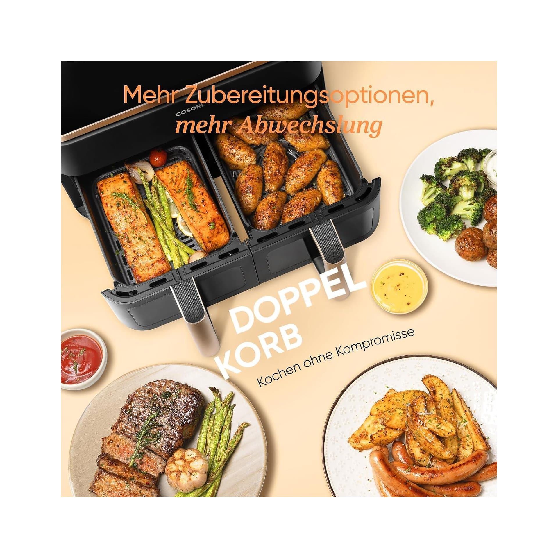 Фритюрник с горещ въздух – COSORI Dual Airfryer 2-камерен дигитален модел 8,5 L / 1750 W – златист 4