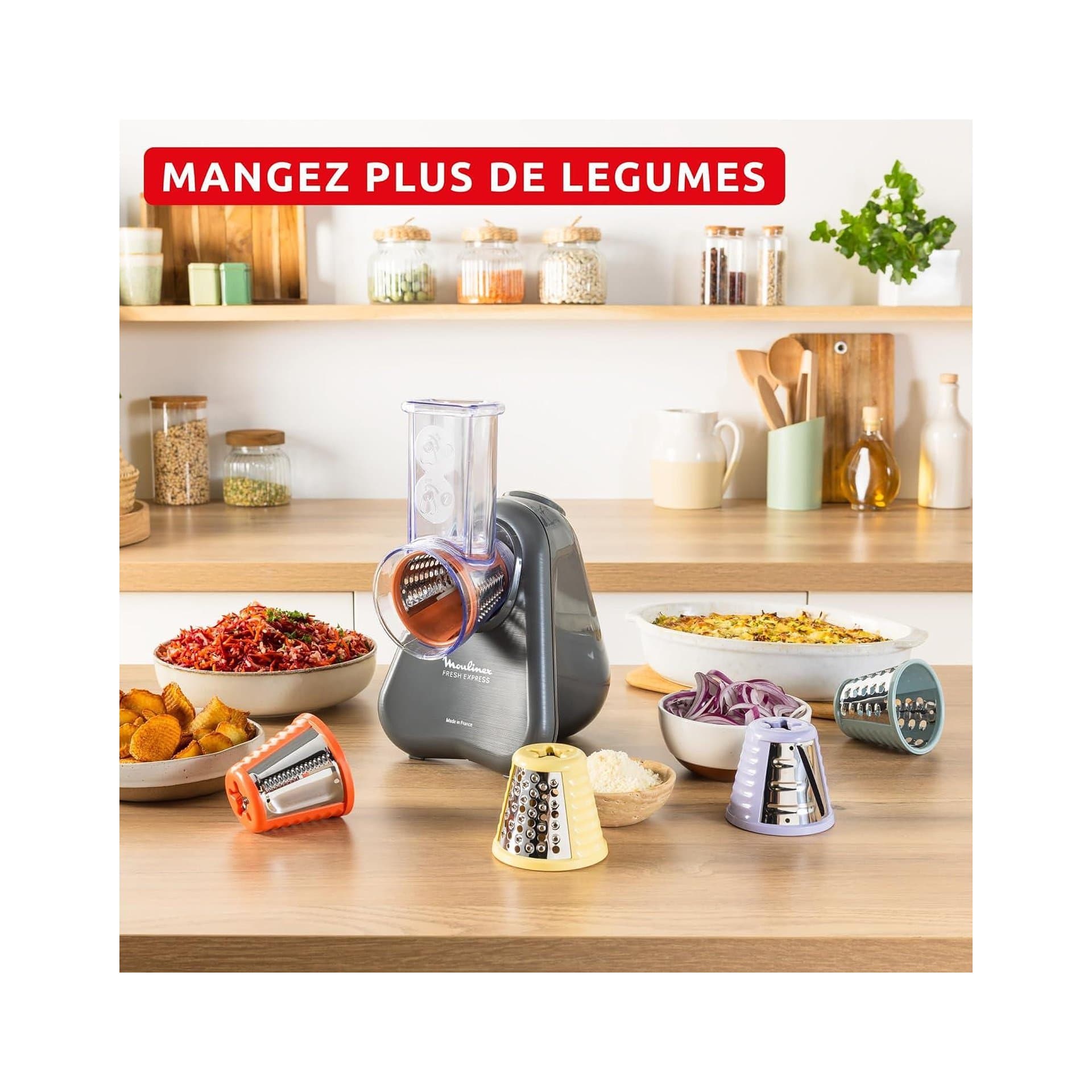 Кухненско ренде - Moulinex Fresh Express DK855HE0 5-в-1, електрическо, директно сервиране, приставки, сиво 3