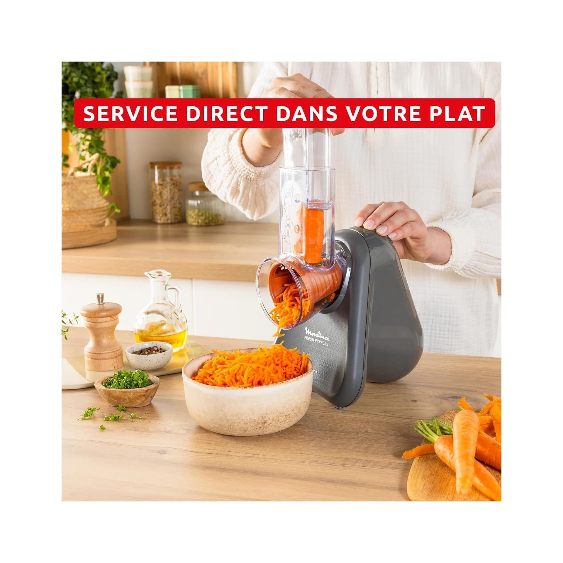 Кухненско ренде - Moulinex Fresh Express DK855HE0 5-в-1, електрическо, директно сервиране, приставки, сиво 5