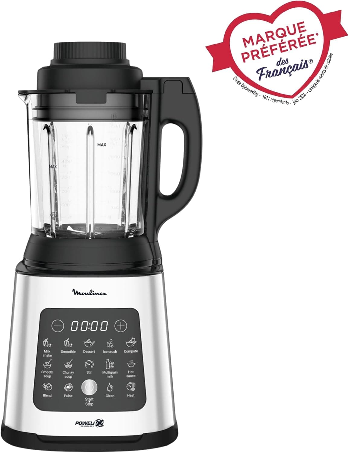 Блендер - Moulinex PerfectMix Cook LM83SD, 10 автоматични програми, 1400 W, стъклена кана 2 л, тъч скрийн, лесно почистване, кошница за готвене на пара