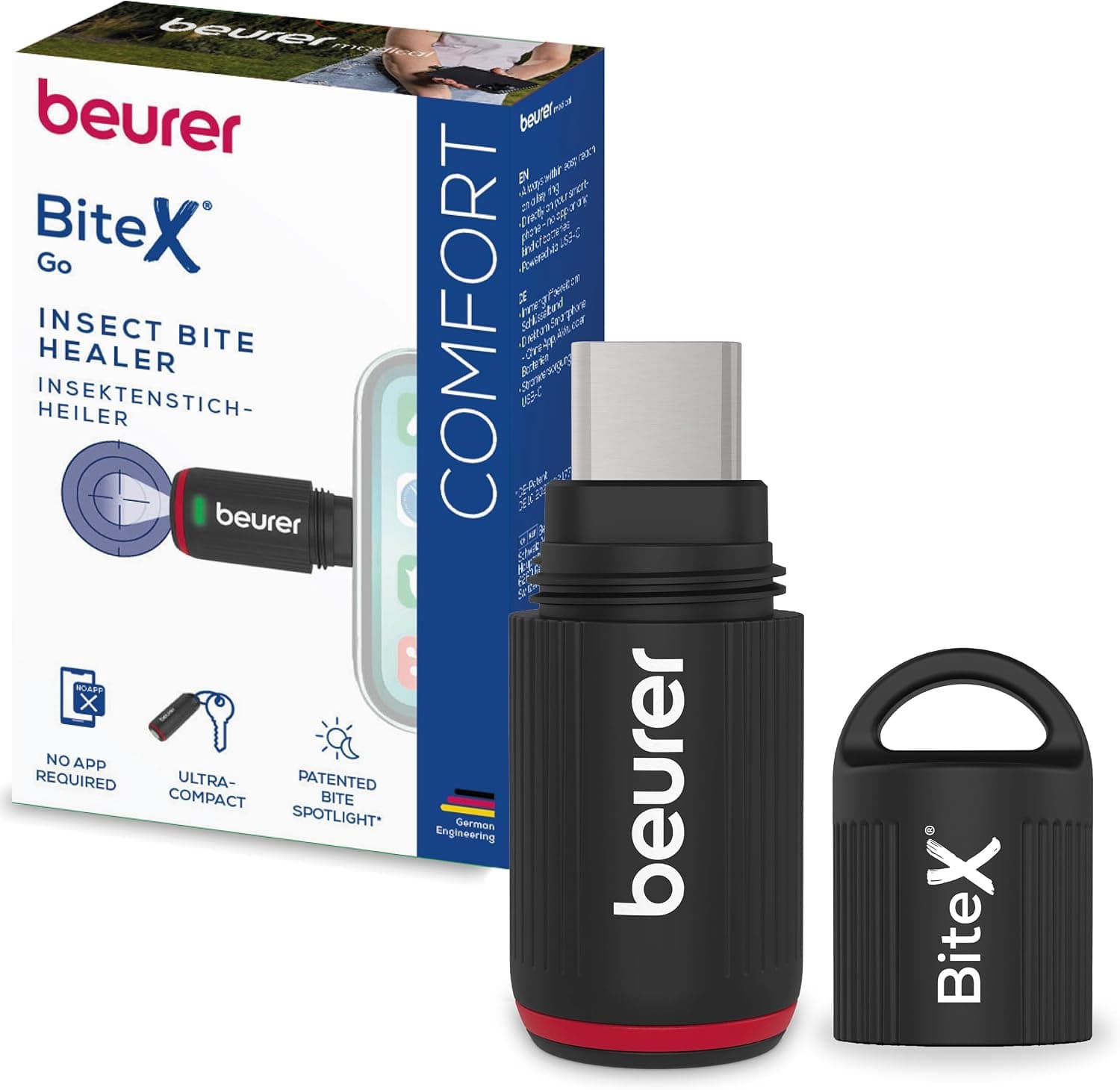 Уред за третиране на ухапвания - Beurer BiteX Go Deep Black USB-C за Android и iPhone с топлинна обработка и светлина